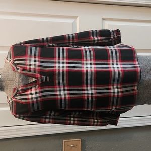 Christopher Banks, red, white, black, silver, plaid top. Long sleeves, size M